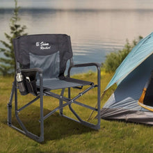 Outdoor folding rocking chair with gray seat, black armrests and cup holder