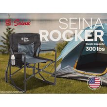 Outdoor folding rocking chair with gray seat and black frame, with cup holder