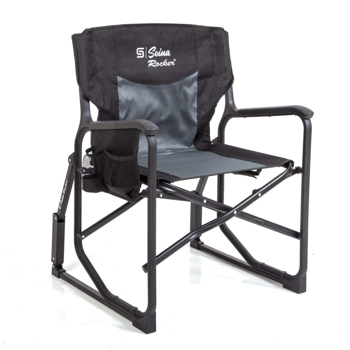 Seina Rocker, mecedora plegable para exteriores con reposabrazos rígidos, portavasos y bolsillo lateral para adultos, plegable, capacidad de peso de hasta 136 kg, gris y negro
