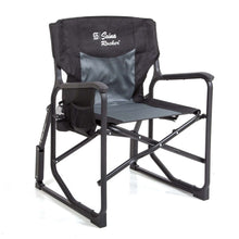 Outdoor folding rocking chair with gray seat, black frame and hard armrests