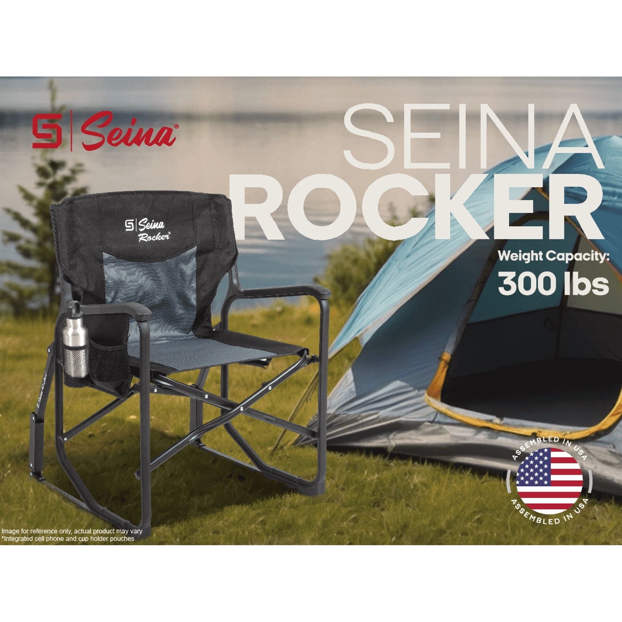 Seina Rocker, Outdoor Foldable Rocking Chair with Hard Armrests, Cup Holder and Side Pocket for Adults, Collapsible, Weight Capacity up to 300 lbs, Gray and Black