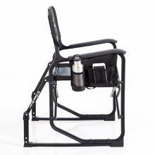 Folding rocking chair with gray seat, black frame, cup holder and side pocket