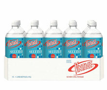 Vintage seltzer water multipack carton with five clear plastic bottles, blue label
