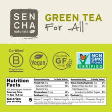 Matcha tea powder pouch label with Nutrition Facts and certification seals