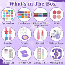 Kids makeup kit contents chart showing eyeshadow, glitter, blush, lipstick, and brushes