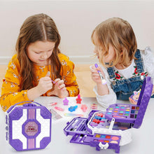 Kids makeup kit with purple case and makeup accessories while two girls apply makeup
