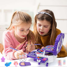 Kids makeup kit with purple open case and makeup tools held by two girls