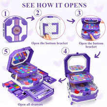 Kids makeup kit open-and-close steps showing drawers and bottom bracket