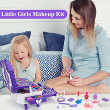 Kids makeup kit with purple case, brushes, eyeshadow palettes, and pretend accessories