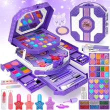 Open purple kids makeup kit with eyeshadow, blush, lipstick, nail polish, and tools