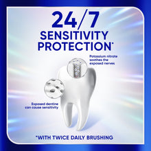 Toothpaste sensitivity protection panel with 24/7 claim and exposed dentin tooth icons