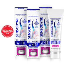 Toothpaste multi-pack with three Clinical White boxes and a white tube, 3.4 oz, award seal