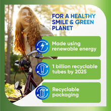 Sensodyne Extra Whitening toothpaste panel with woman biking and eco icons