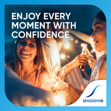 Sensodyne Extra Whitening toothpaste panel with people smiling while holding drinks