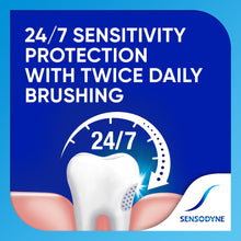 Sensodyne Extra Whitening toothpaste panel with toothbrush and 24/7 icon