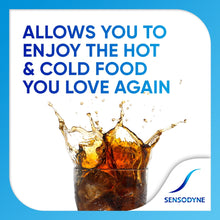 Sensodyne Extra Whitening toothpaste panel with cold drink splash graphic
