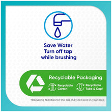Sensodyne Pronamel toothpaste carton recycling panel with save water and recyclable packaging icons