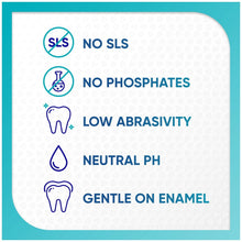 Sensodyne Pronamel toothpaste carton panel listing no SLS, no phosphates, low abrasivity