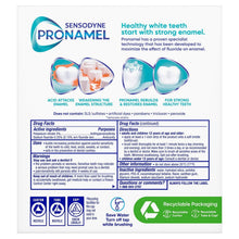 Sensodyne Pronamel toothpaste carton back panel with usage, drug facts, and recyclable icons
