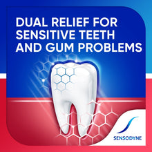 Sensodyne Sensitivity & Gum dual relief toothpaste graphic with tooth and gum icons