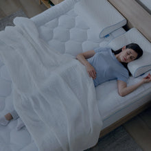 White quilted pillowtop mattress topper on bed with sheets and two pillows visible