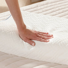 Contour memory foam pillow with blue piping, white quilted cover, lightly pressed by hand