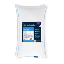 White king bed pillow set with blue piping, shown in retail packaging