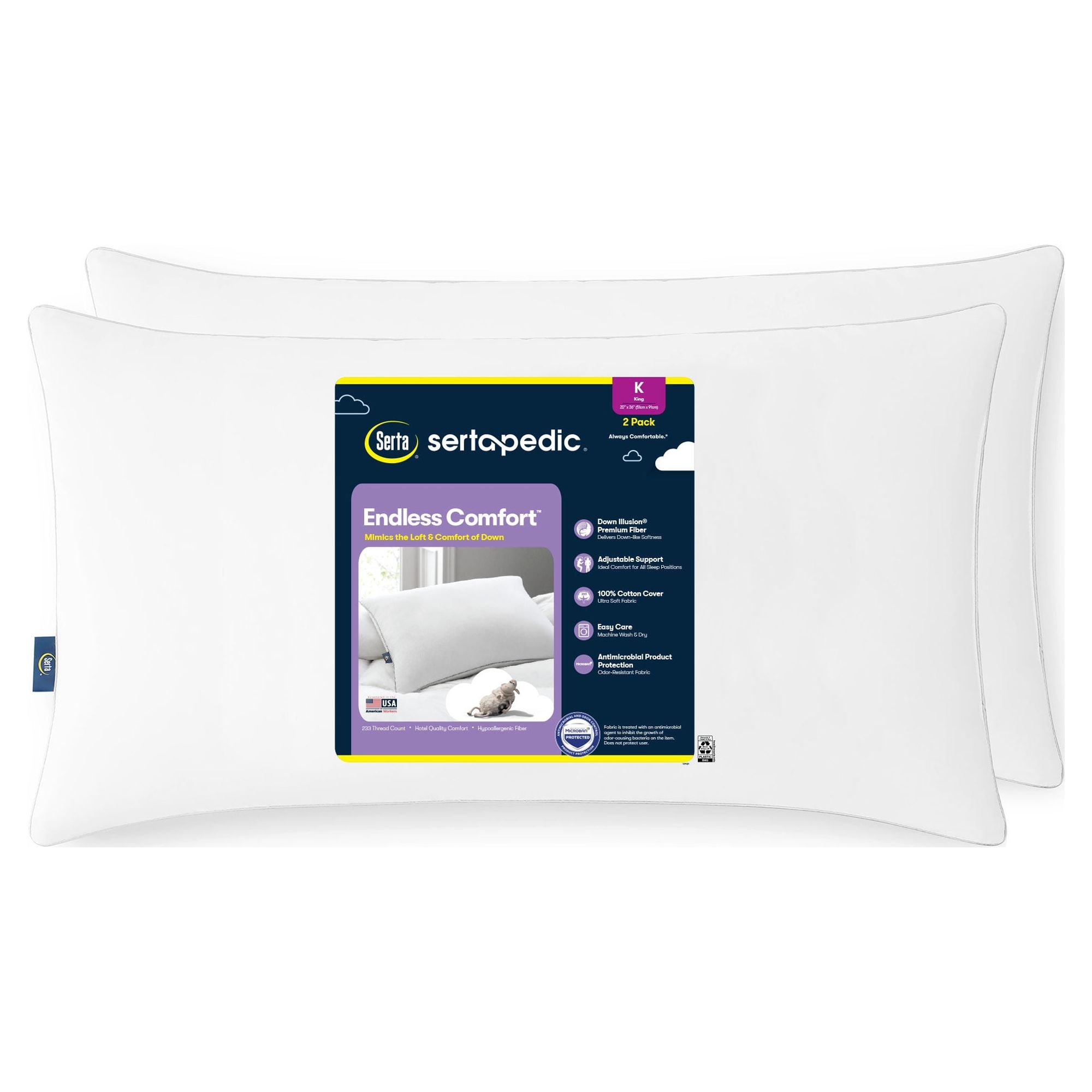 Sertapedic Endless Comfort Bed Pillow, King, 2 Pack