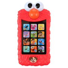 Red Elmo learning phone with large white eyes, orange nose, and black keypad screen