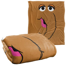 Tan Snuffleupagus face throw blanket, folded with character eyes and pink muzzle detail