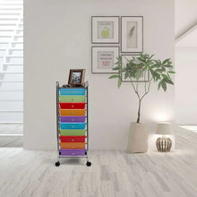 Multi-color 10-drawer rolling storage cart with metal frame and side handles