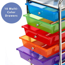 Stacked multi-color clear drawers on a rolling cart with chrome frame