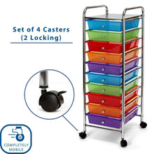 Rolling cart with four caster wheels (two locking) and multi-color clear drawers