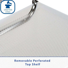 Removable perforated metal top shelf on a rolling drawer cart, close-up