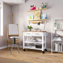 Freestanding kitchen cart with acacia wood top, drawers, and open slatted shelves on wheels