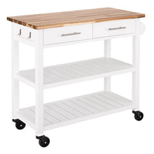 White kitchen cart with acacia top, two drawers, two slatted shelves, and caster wheels