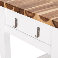 White drawer front with metal bar pulls and acacia wood top edge