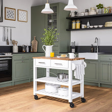 Kitchen cart with acacia wood top, two drawers, open shelves, and black caster wheels