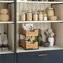 Bamboo 2-tier sliding drawer organizer with two pull-out bins on black frame