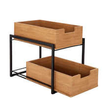 Two-tier sliding drawer organizer with bamboo bins and black metal frame, open view