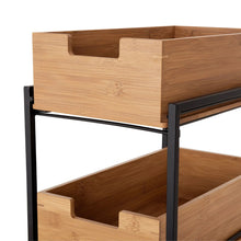 Wood sliding drawer organizer with two stacked pull-out bins and black metal legs