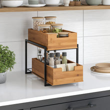 Bamboo 2-tier sliding drawer organizer with open top and bottom pull-out bins