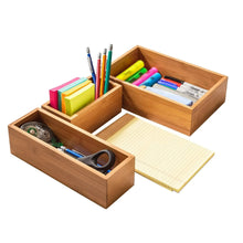 Bamboo storage organizer with divided slots and open drawer compartments