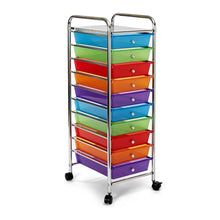 Seville Classics 10-drawer cart with chrome frame and multicolor plastic drawers