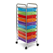Multi-color drawer storage cart with clear drawer fronts and chrome frame, front view