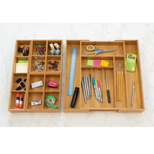 Bamboo drawer organizer trays with multiple sections for tools and office supplies