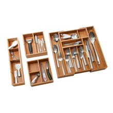 Bamboo utensil drawer organizer set with divided slots for cutlery
