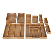Bamboo organizer set of nesting compartments and tray inserts, empty configuration