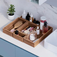 Acacia wood organizer box set with divided compartments and grooming bottles