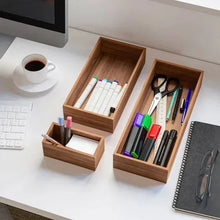 Acacia wood desk organizer set with pen, marker, and accessory compartments